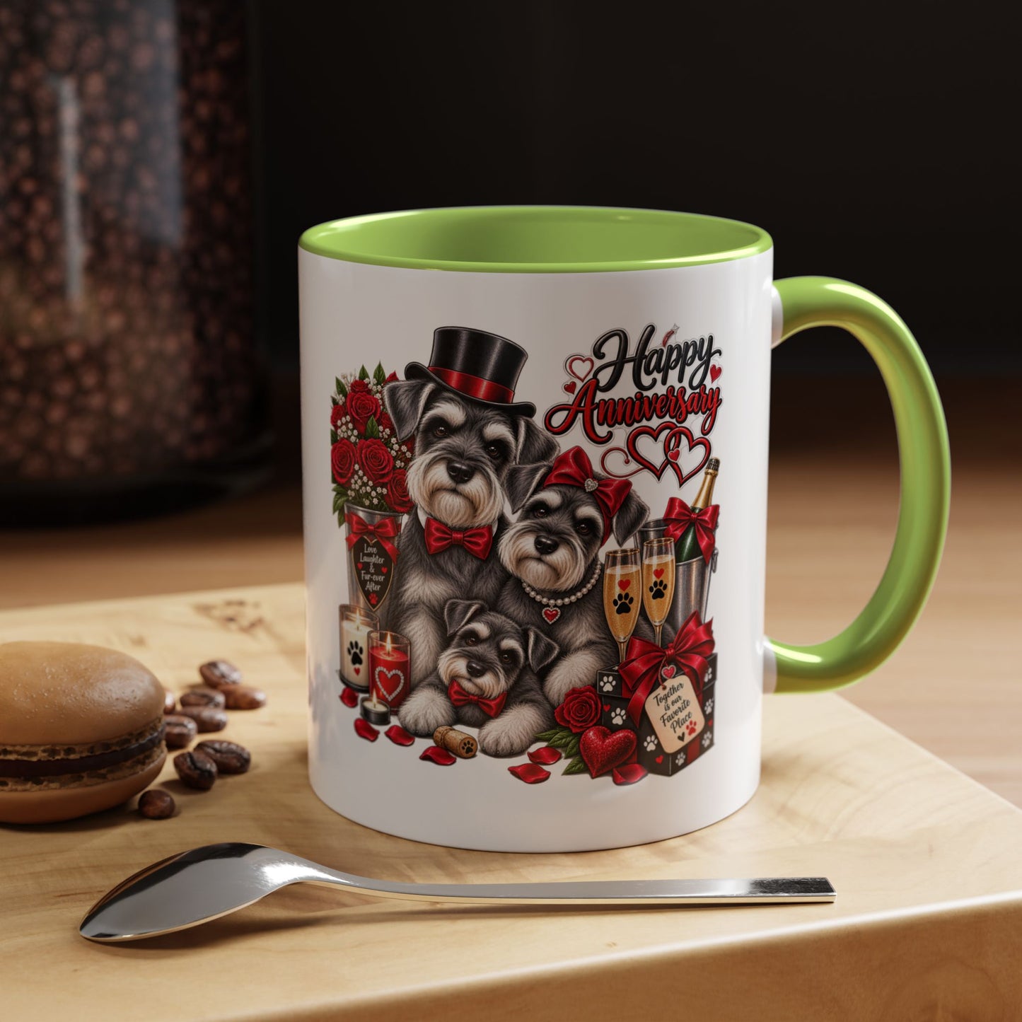 Happy Anniversary Dog Coffee Mug — Cute Pups, Champagne & Roses Accent Mug