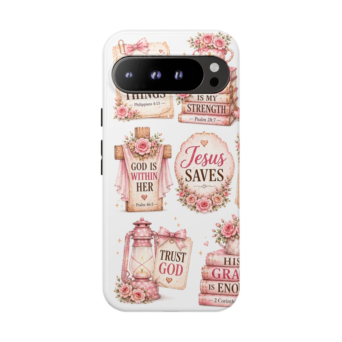 Christian Phone Case — Jesus Saves Floral Tough Case with 'God Is Within Her' & 'Trust God' Design