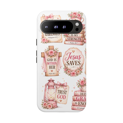 Christian Phone Case — Jesus Saves Floral Tough Case with 'God Is Within Her' & 'Trust God' Design