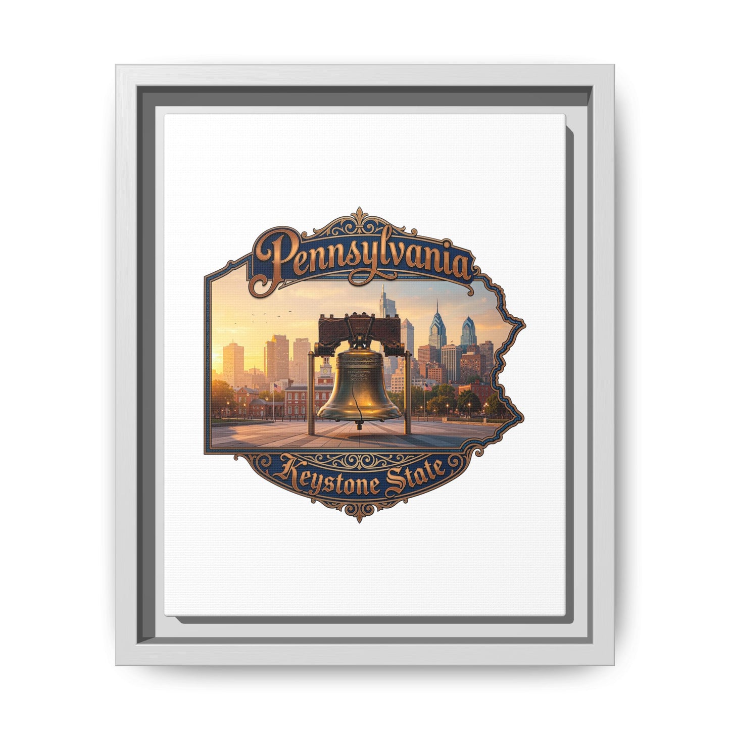 Pennsylvania Keystone State Framed Canvas Wall Art — Liberty Bell & Philadelphia Skyline