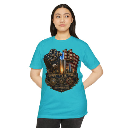 9/11 Memorial T-Shirt — "We Will Never Forget" Patriotic Tribute