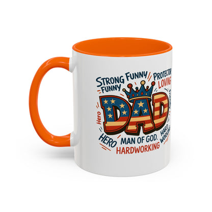 Dad Coffee Mug — Patriotic "DAD" Design with Loving, Hardworking, Protector Keywords (11/15oz Accent Mug)