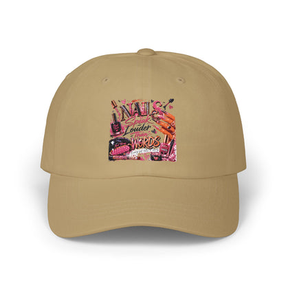 Emo Retro Graphic Dad Cap – "Louder Than Words" Pink Collage Hat