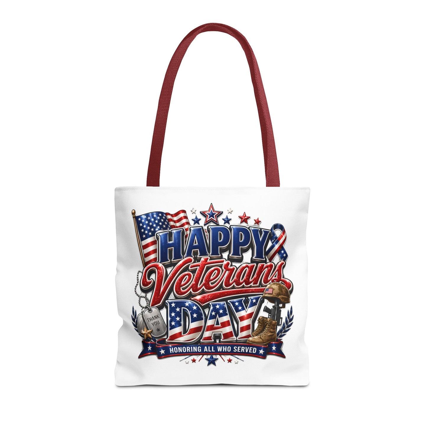 Veterans Day Tote Bag — "Happy Veterans Day" Patriotic All-Over Print