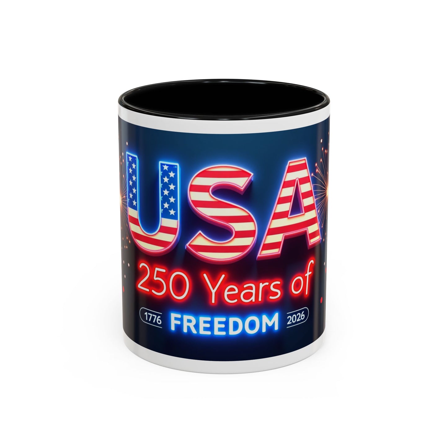 USA 250 Years of Freedom Accent Coffee Mug — Patriotic 1776–2026 Fireworks Design (11/15oz)