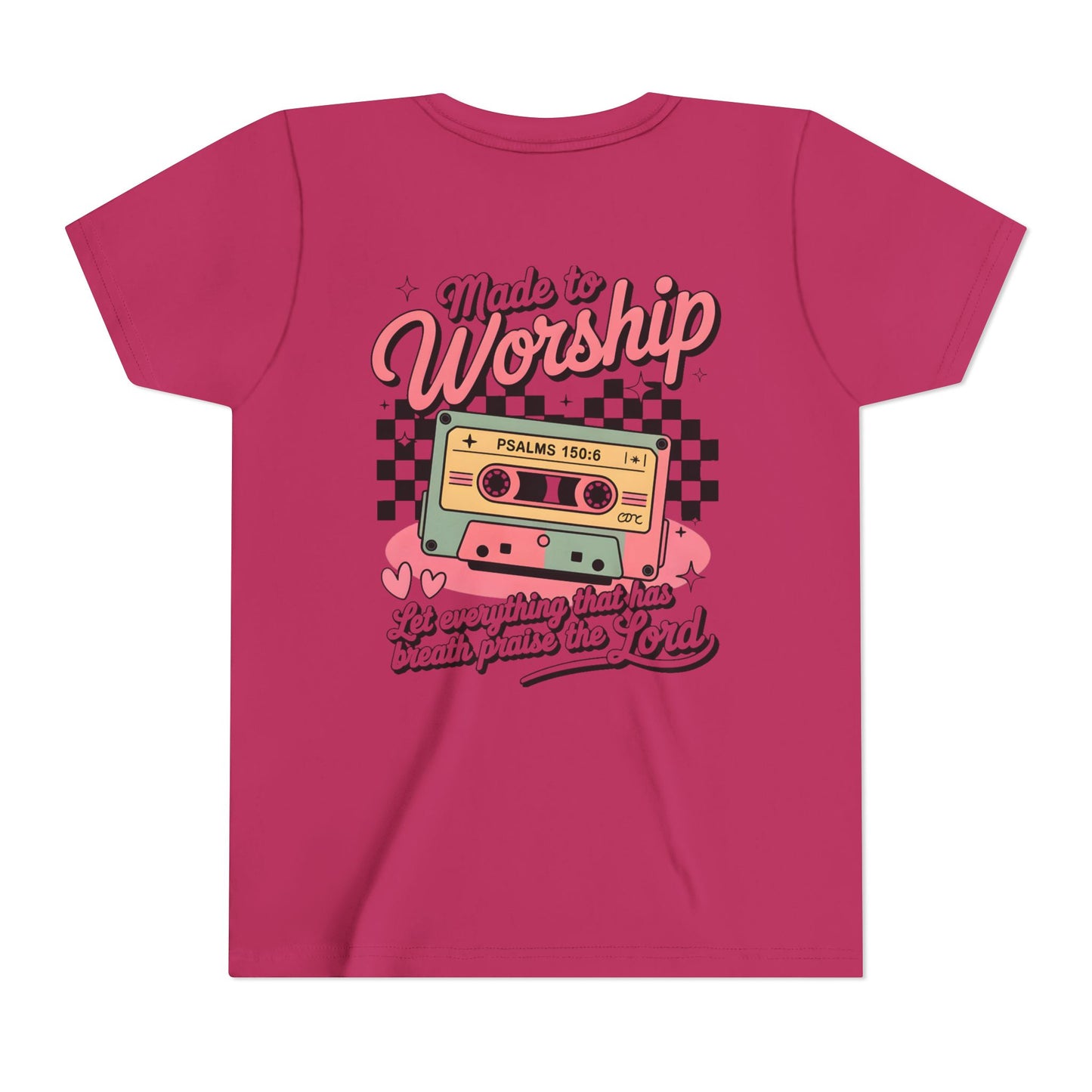 Made to Worship Youth Tee – Retro Cassette Christian Kids Shirt (Psalms 100:4)