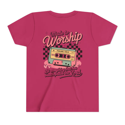 Made to Worship Youth Tee – Retro Cassette Christian Kids Shirt (Psalms 100:4)