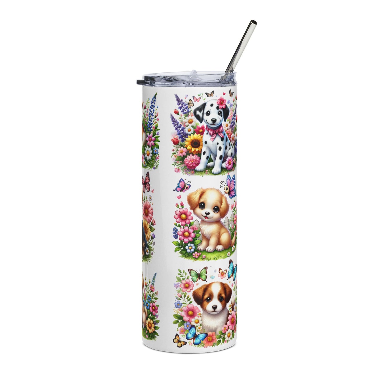 20oz Stainless Tumbler — Cute Puppy Floral Pattern, Insulated Travel Cup