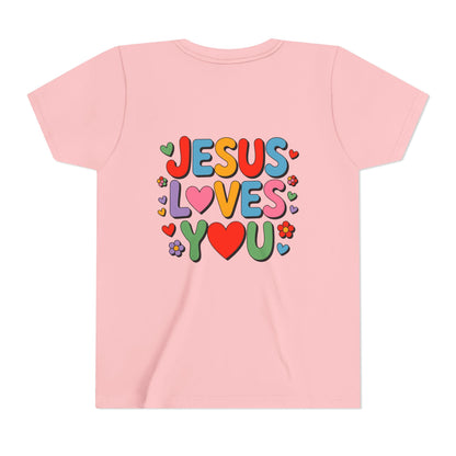 Youth Tee - "Jesus Loves You" Colorful Heart & Flower Christian Shirt