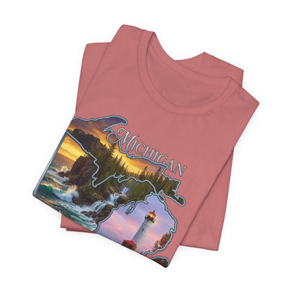 Michigan Scenic Map T-Shirt — Great Lakes Lighthouse Sunset Tee
