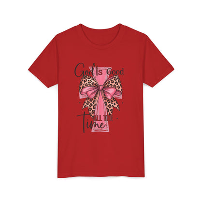Youth Tee — "God is Good All the Time" Pink Cross with Leopard Bow