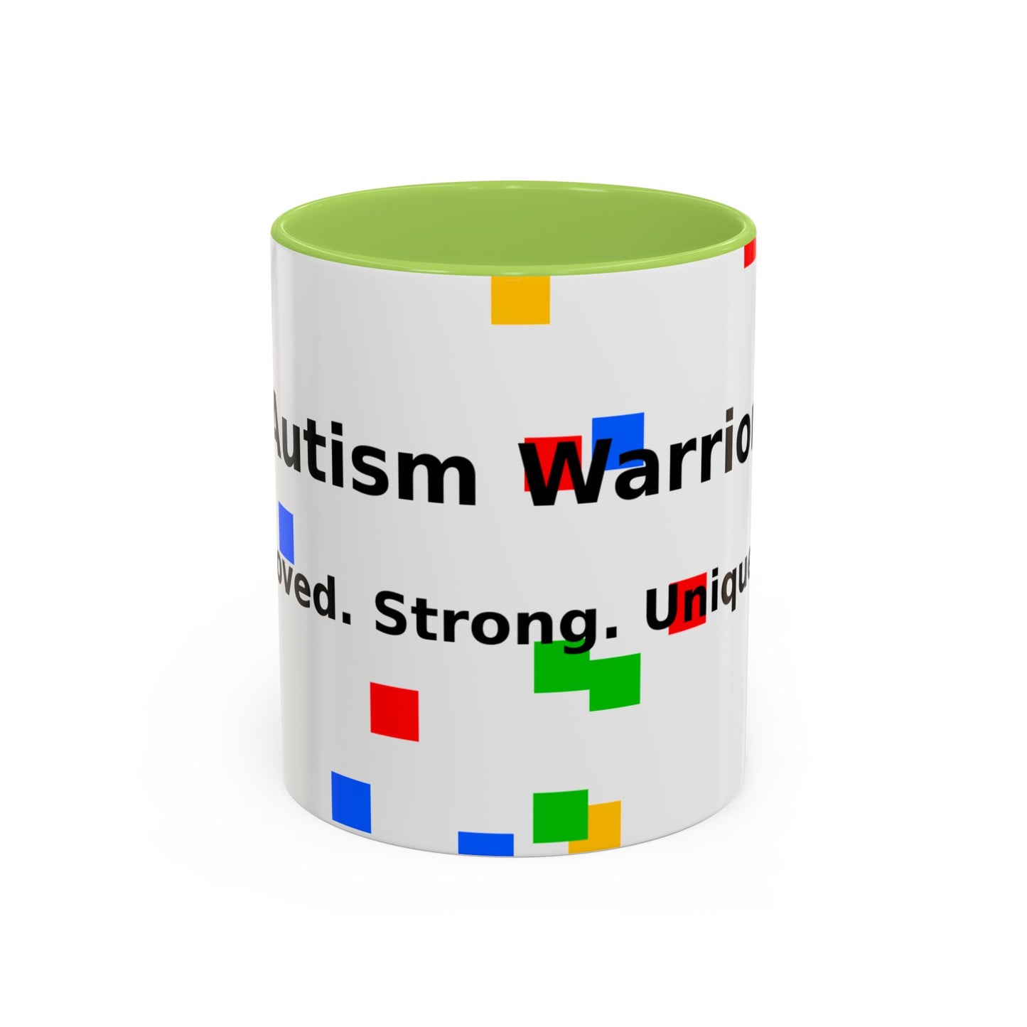 Autism Warrior Accent Coffee Mug – Bold Puzzle Pieces, Proud. Strong. Unique. (11/15oz)