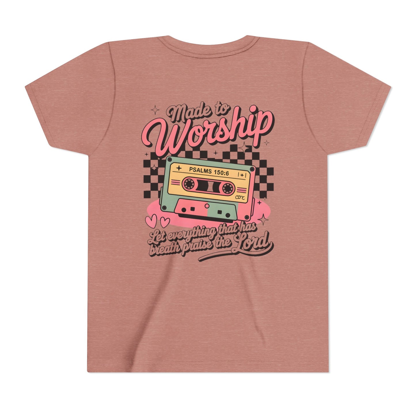 Made to Worship Youth Tee – Retro Cassette Christian Kids Shirt (Psalms 100:4)