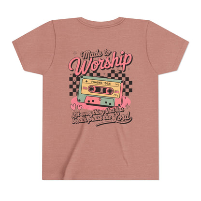 Made to Worship Youth Tee – Retro Cassette Christian Kids Shirt (Psalms 100:4)