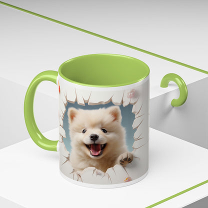 Pomeranian Peek Accent Coffee Mug — Cute Puppy Breakthrough Design (11/15 oz)