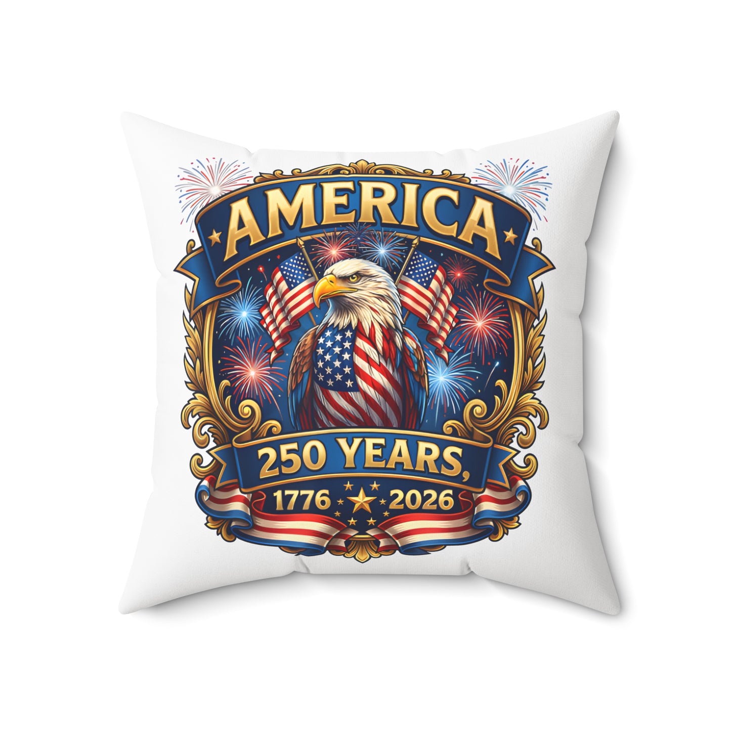 America 250th Anniversary Decorative Pillow — Eagle & Fireworks 1776–2026
