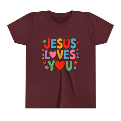 Youth Tee - "Jesus Loves You" Colorful Heart & Flower Christian Shirt