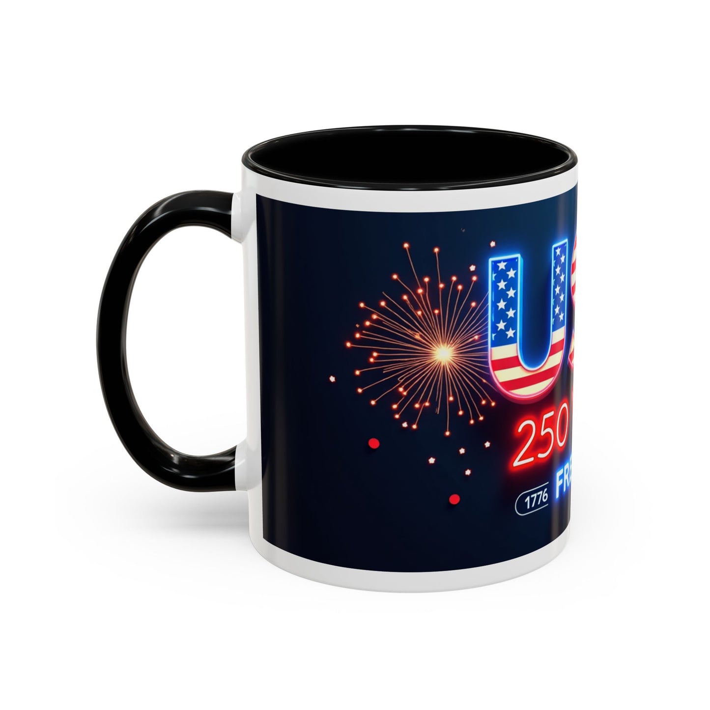 USA 250 Years of Freedom Accent Coffee Mug — Patriotic 1776–2026 Fireworks Design (11/15oz)