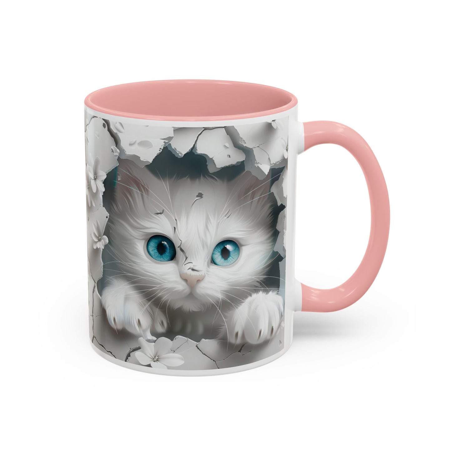 Cute Blue-Eyed Kitten Accent Coffee Mug – Floral Peekaboo Cat Design (11/15 oz)