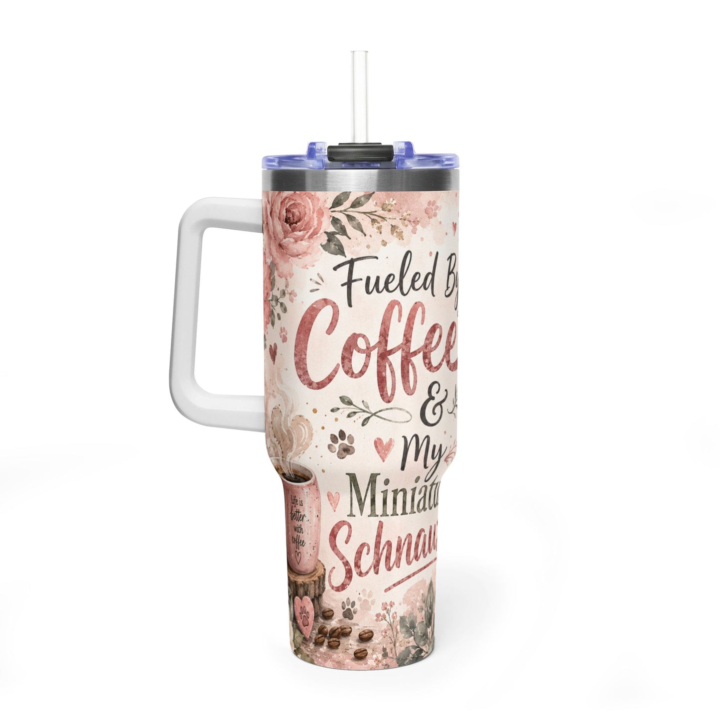 40oz Vacuum Tumbler - "Fueled By Coffee & My Miniature Schnauzer" Floral Dog Travel Cup