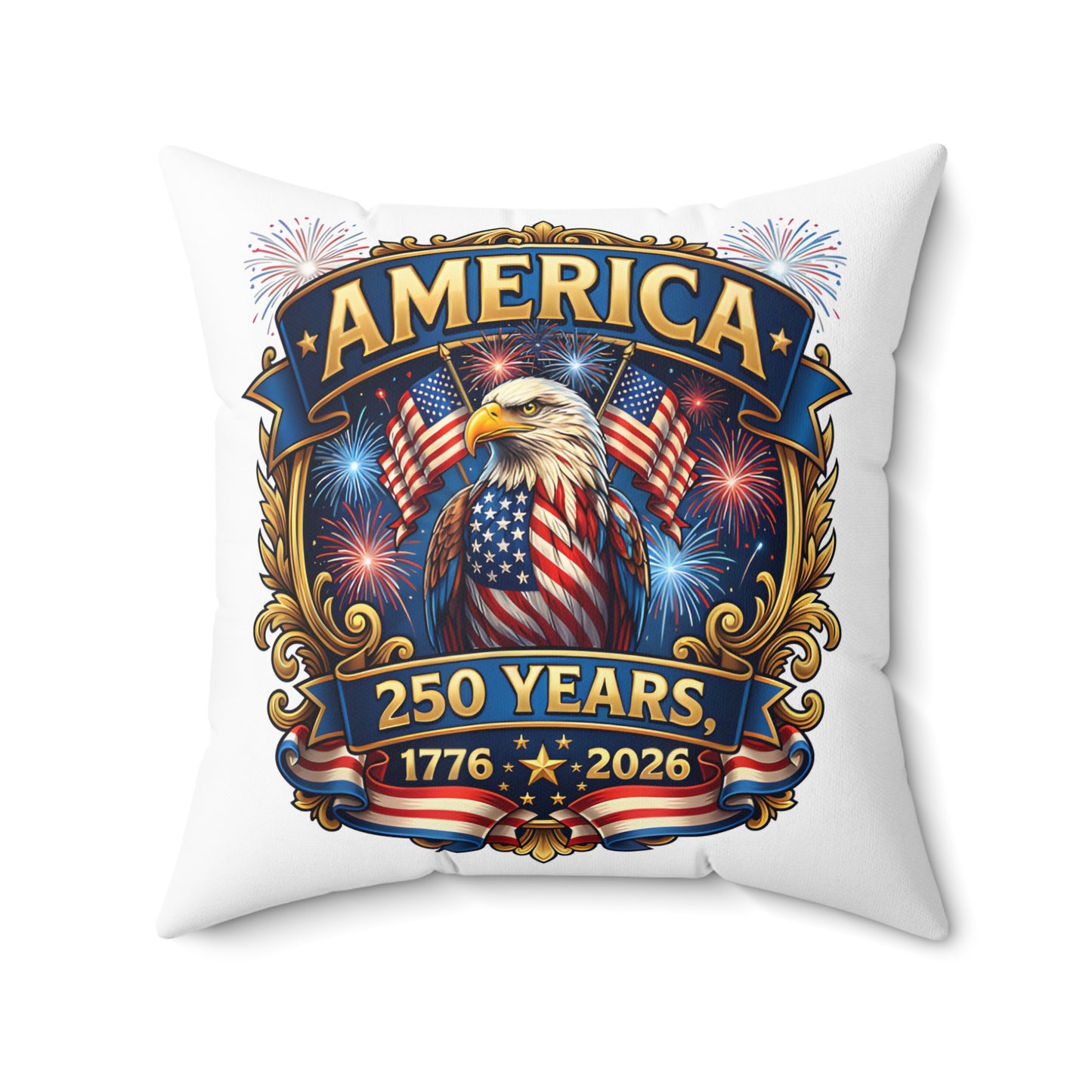 America 250th Anniversary Decorative Pillow — Eagle & Fireworks 1776–2026