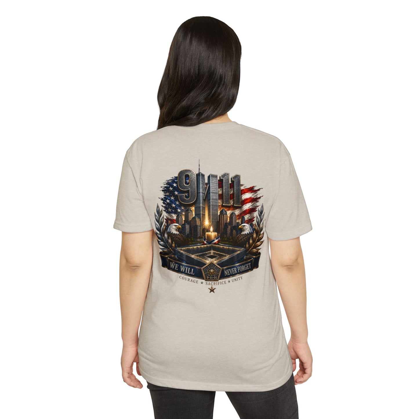 9/11 Never Forget Memorial T-Shirt — Tribute American Flag Skyline Tee