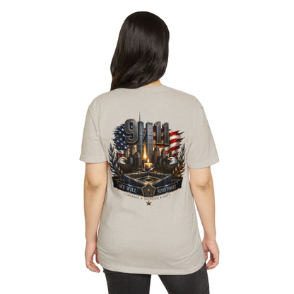 9/11 Never Forget Memorial T-Shirt — Tribute American Flag Skyline Tee