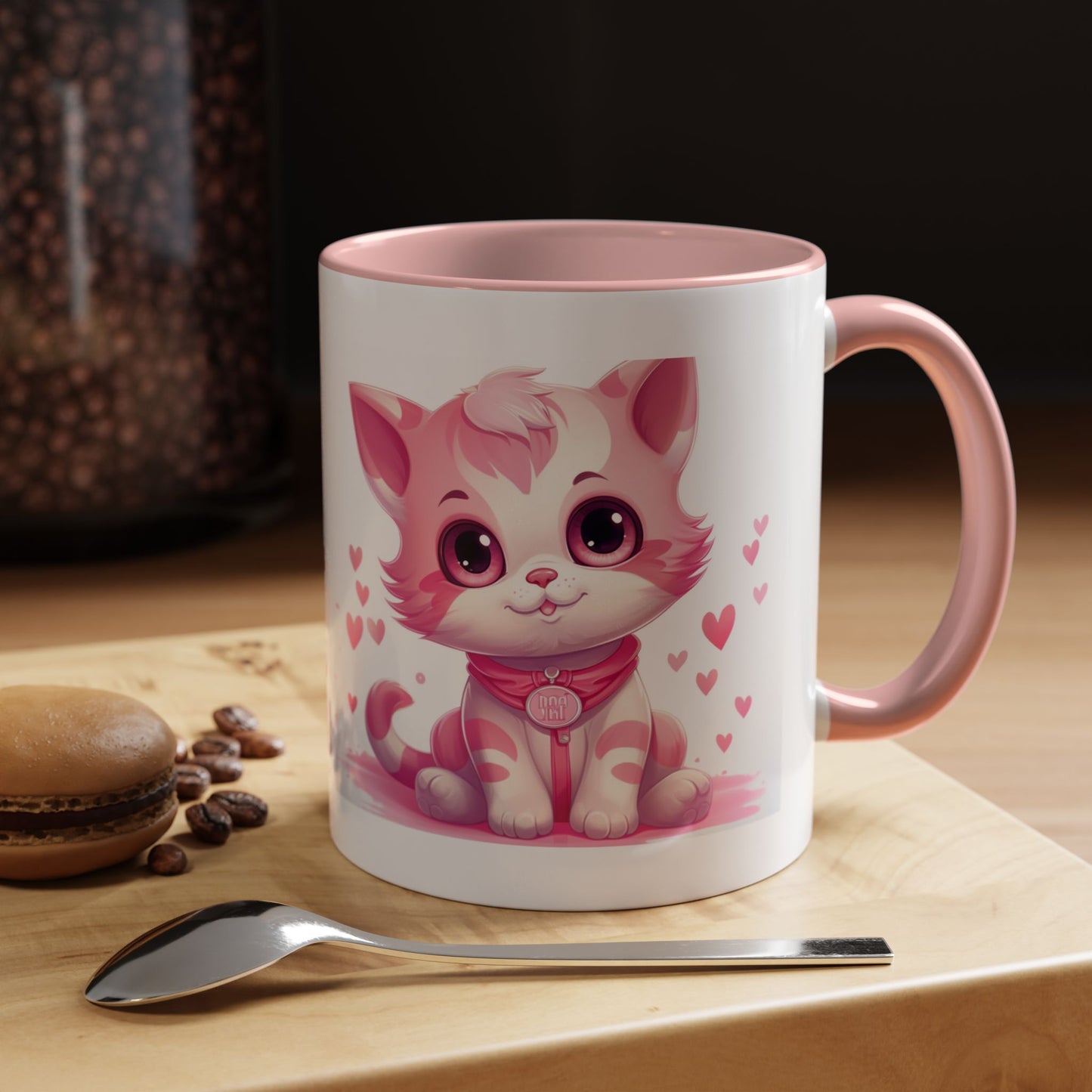 Pink Cute Kitten Coffee Mug — Cute Cat Accent Mug with Hearts (11/15oz)