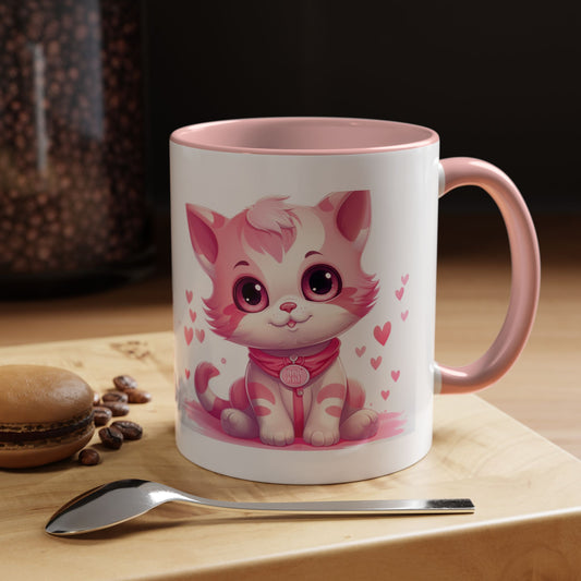 Pink Cute Kitten Coffee Mug — Cute Cat Accent Mug with Hearts (11/15oz)