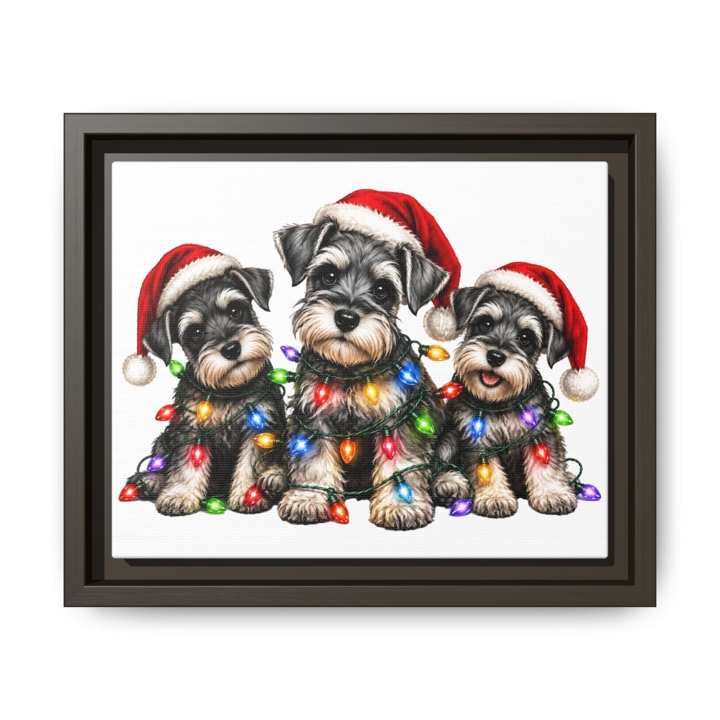 Christmas Schnauzer Canvas Print — Festive Puppies in Santa Hats (Matte Framed)