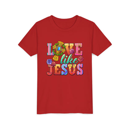 Youth Tee — "Love Like Jesus" Colorful Faith Graphic