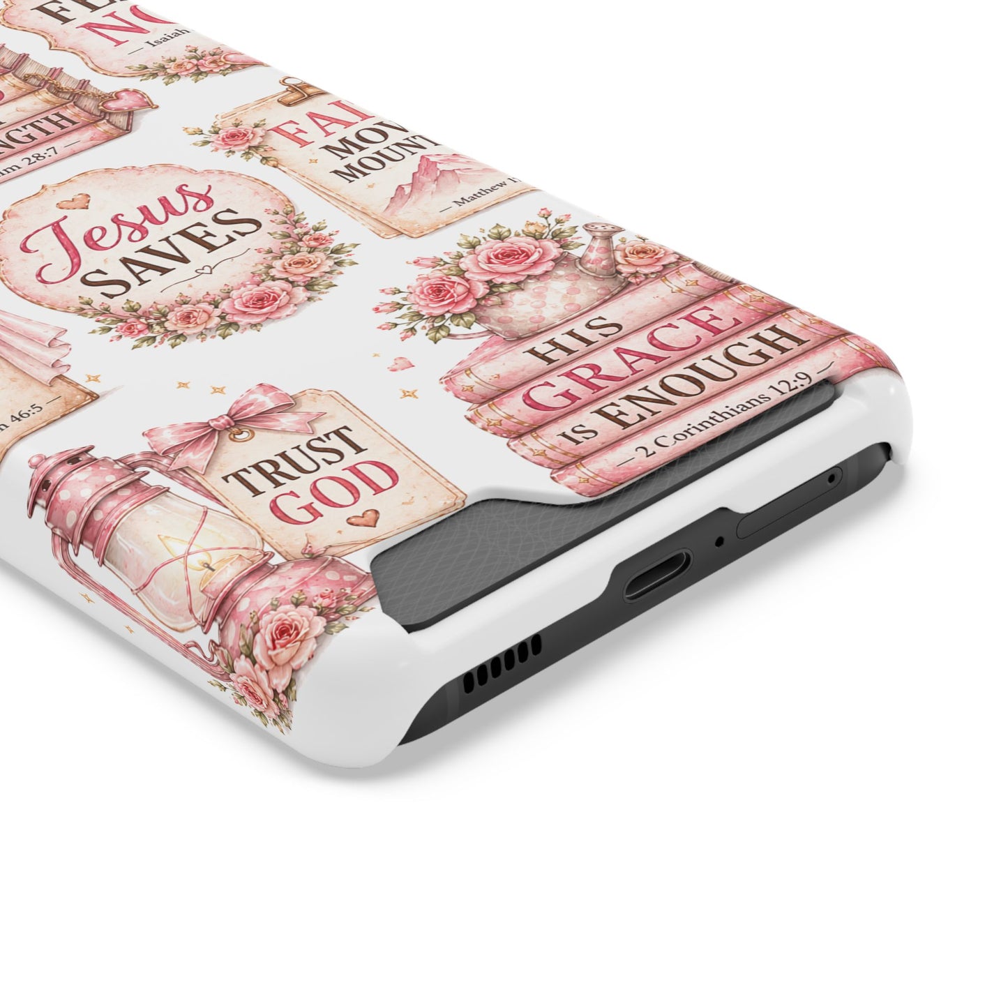 Christian Phone Case with Card Holder — 'Jesus Saves' Floral Scripture Design