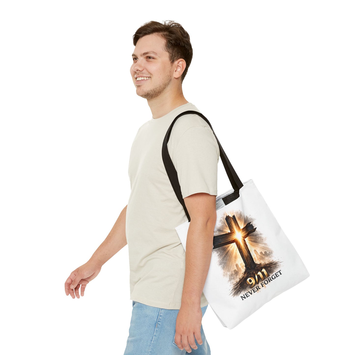 9/11 Never Forget Cross Memorial Tote Bag — Patriotic Remembrance Shopper