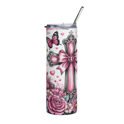 Who Loves Jesus Floral Cross Stainless Steel Tumbler 20oz Christian Travel Mug