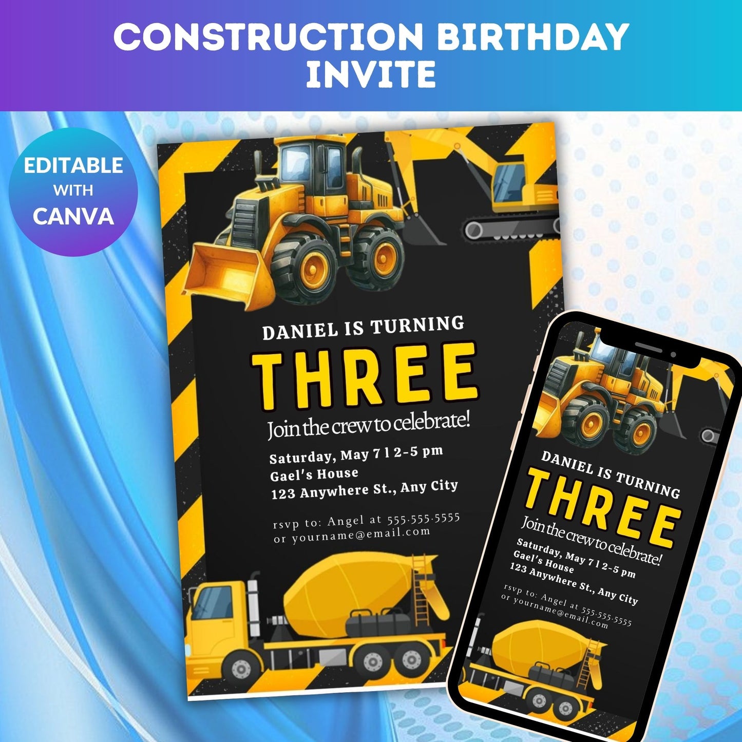 Construction Birthday Invitation Template | Editable Builder Theme Party Invite