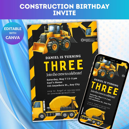 Construction Birthday Invitation Template | Editable Builder Theme Party Invite
