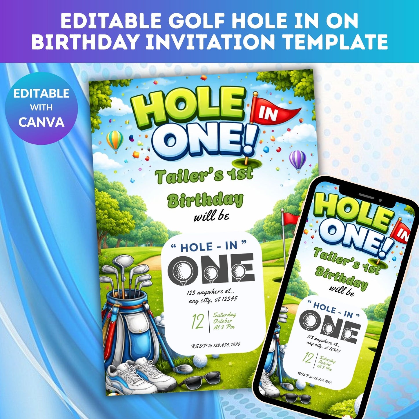 Editable Golf Hole In One Birthday Invitation Template | Golf Theme 1st Birthday Digital Invite