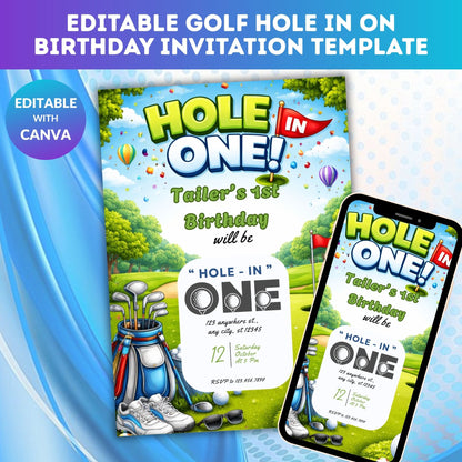 Editable Golf Hole In One Birthday Invitation Template | Golf Theme 1st Birthday Digital Invite
