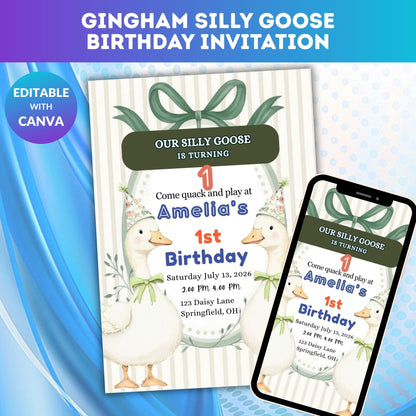Gingham Silly Goose Birthday Invitation Template | Editable Goose Theme Digital Party Invite