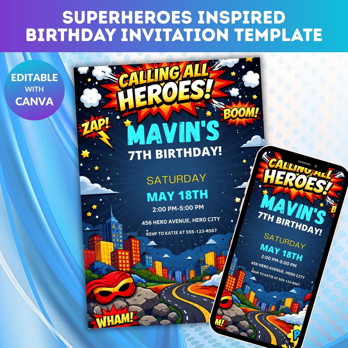 Superheroes Birthday Invitation Template | Editable Kids Hero Party Digital Invite
