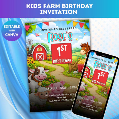 Farm Birthday Invitation Template | Editable Kids Farm Party Digital Invite