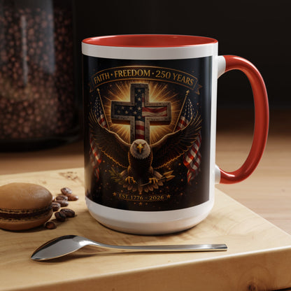Patriotic Faith & Freedom Accent Coffee Mug — Eagle, Cross & American Flag (1776–2026)