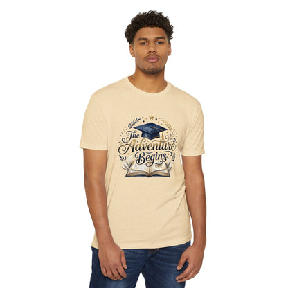 Graduation T-Shirt — "The Adventure Begins" Cap & Book Design