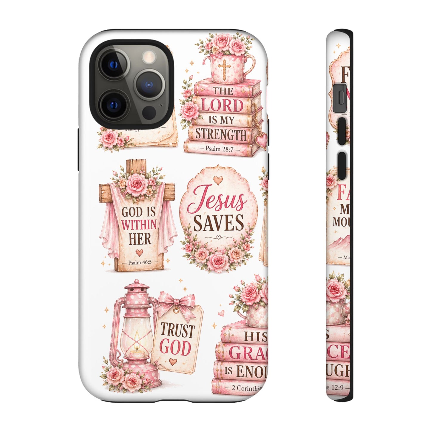 Christian Phone Case — Jesus Saves Floral Tough Case with 'God Is Within Her' & 'Trust God' Design