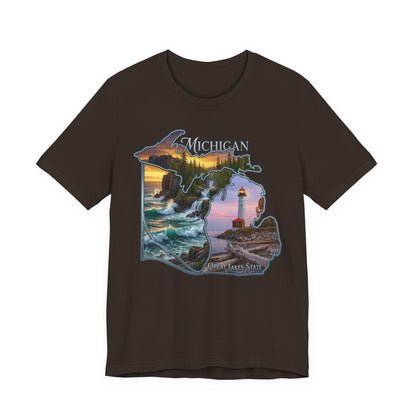 Michigan Scenic Map T-Shirt — Great Lakes Lighthouse Sunset Tee