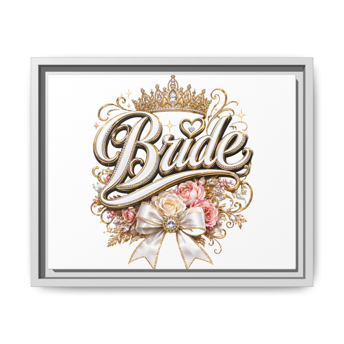 Framed Bride Canvas Wall Art — Elegant Bridal Crown & Floral Wedding Decor