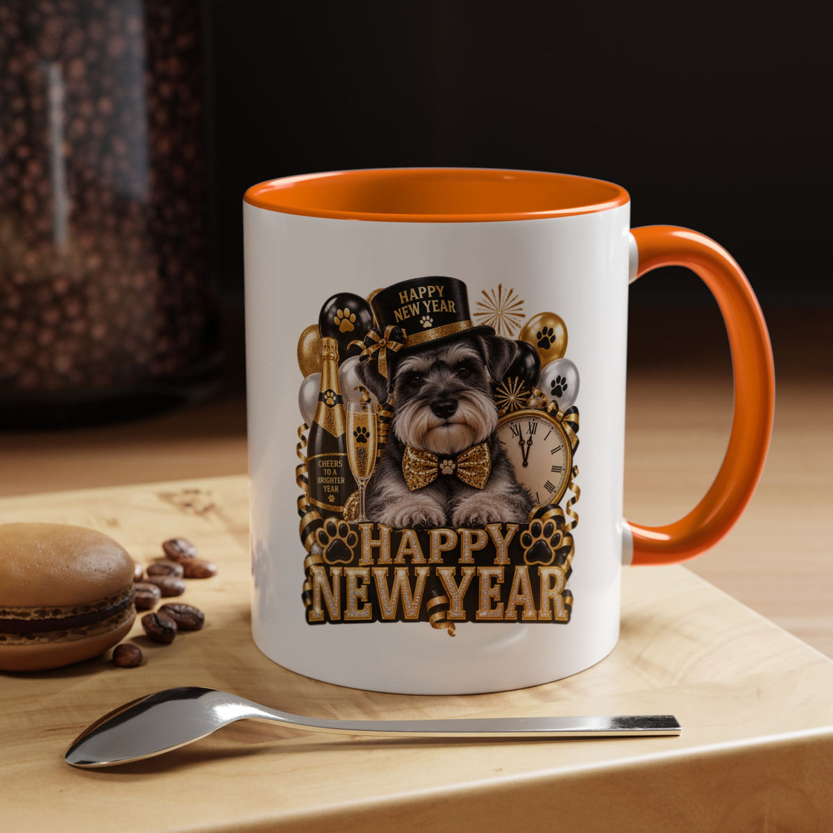 Happy New Year Dog Coffee Mug — Festive Black & Gold 11/15oz Accent Mug