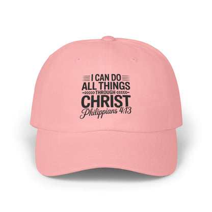 Philippians 4:13 White Dad Cap — "I Can Do All Things Through Christ" Christian Baseball Hat