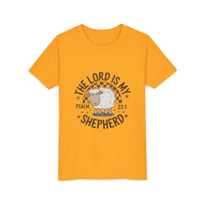 Youth Tee — "The Lord Is My Shepherd" Psalm 23:1 Christian Kids T‑Shirt (Sheep Design)