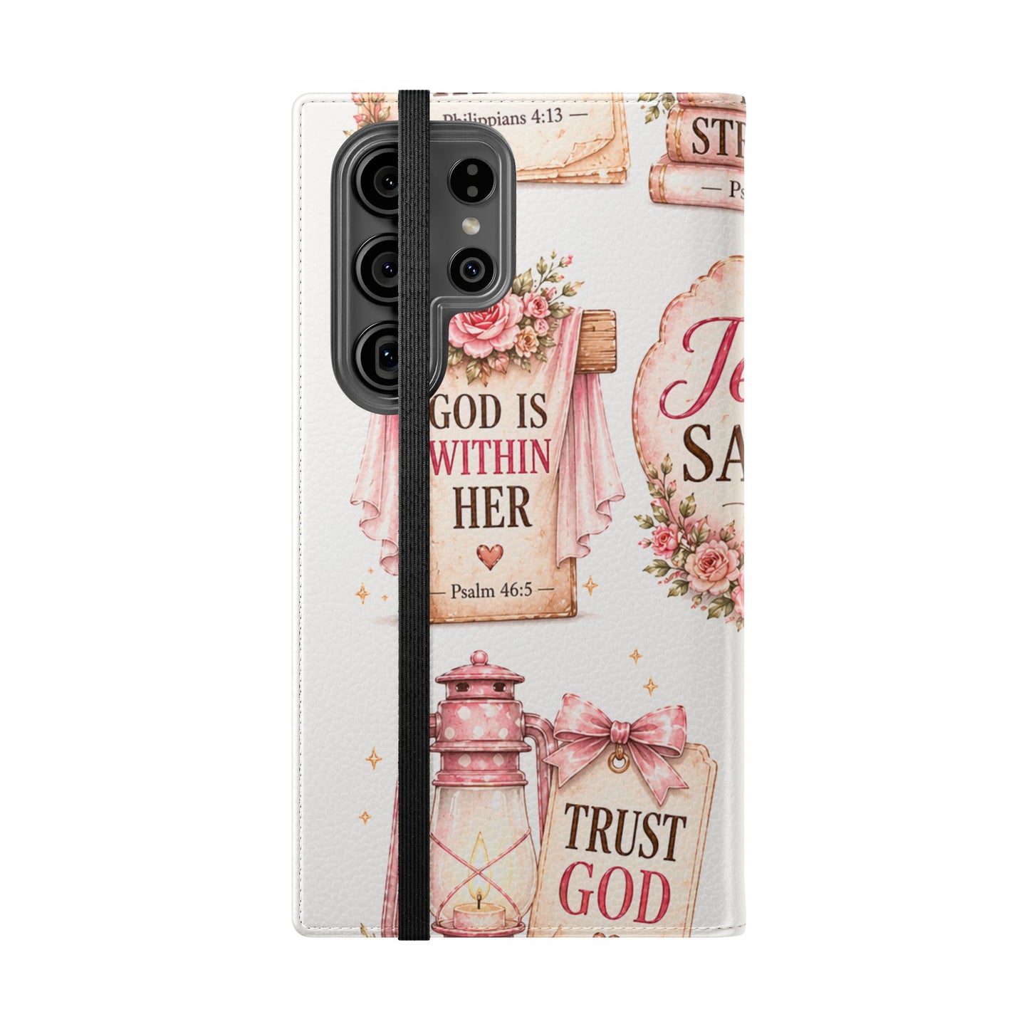 Christian Floral Phone Flip Case — "Jesus Saves" & Inspirational Scripture Wallet Cover